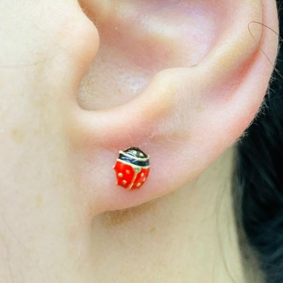 14K Yellow Gold Ladybug Stud Earrings Screw Back for Womens 5.2 Aretes Mariquita - Picture 1 of 9